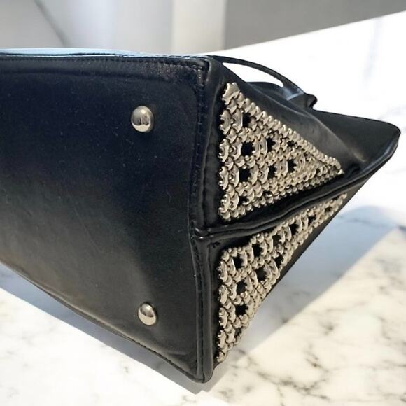 Sergio Gutierrez SG Liquid Metal Black Leather Tote Bag Italy Silver Mesh Chic - Picture 10 of 13